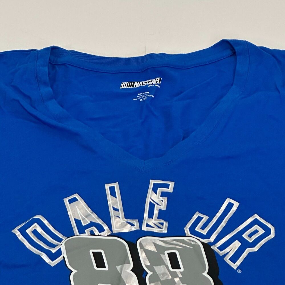 NASCAR Women's Blue and Silver Dale Earnhardt Jr Racing V‎ Neck T Shirt Size XL